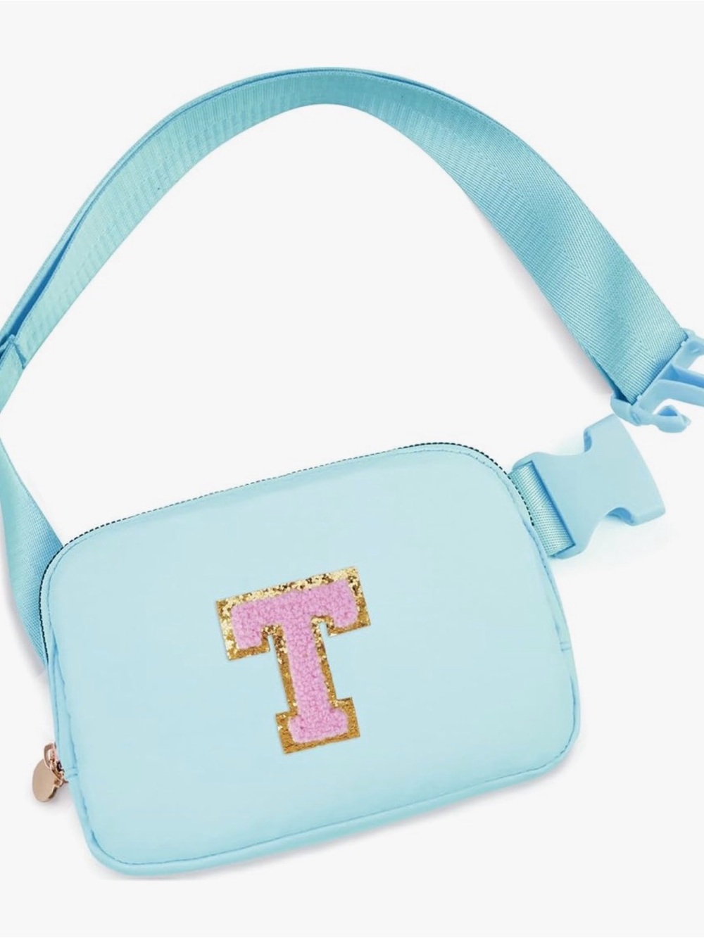 Light Blue Crossbody Belt Bag with Pink Chenille T Accent